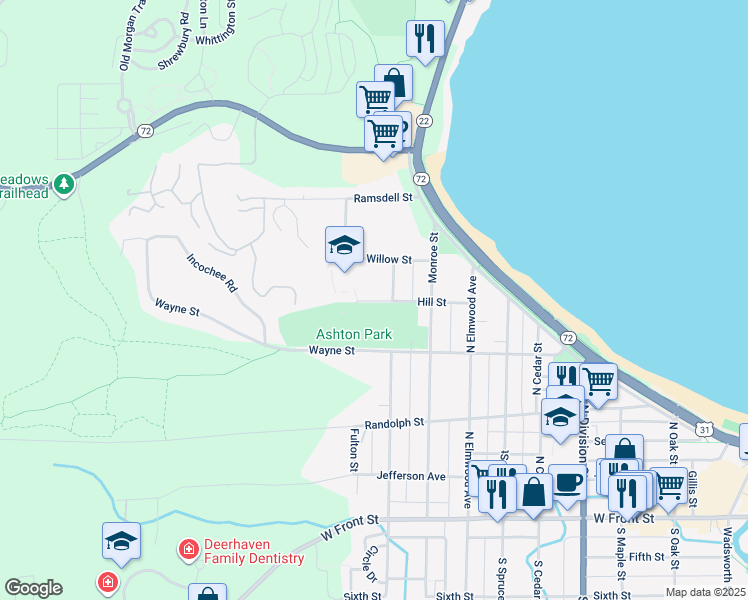 map of restaurants, bars, coffee shops, grocery stores, and more near 1250 Hill Street in Traverse City