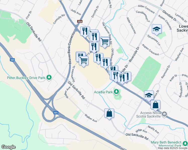 map of restaurants, bars, coffee shops, grocery stores, and more near 720 Sackville Drive in Lower Sackville