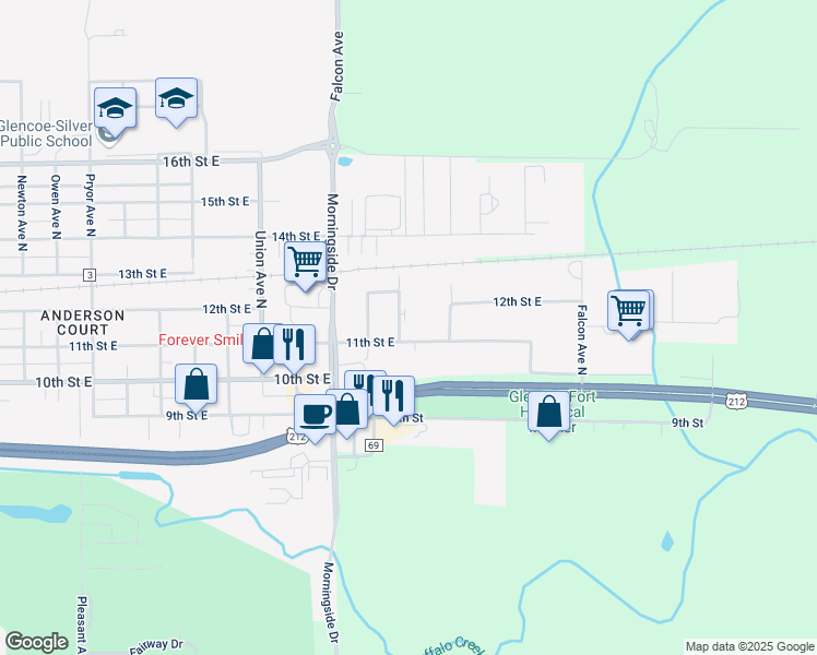 map of restaurants, bars, coffee shops, grocery stores, and more near 2505 11th Street East in Glencoe