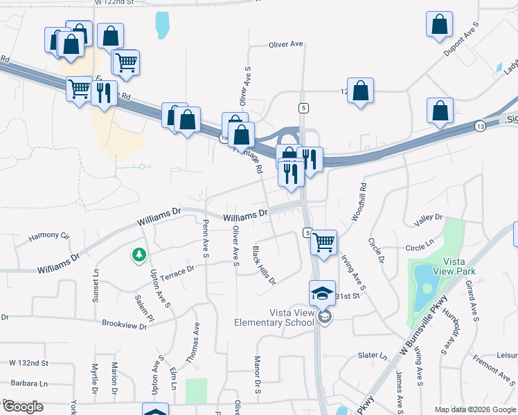 map of restaurants, bars, coffee shops, grocery stores, and more near 12830 Morgan Avenue South in Burnsville