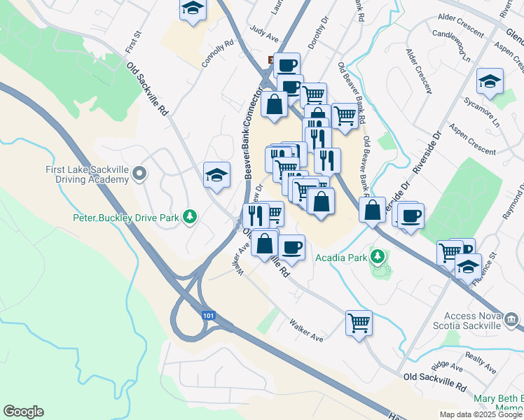 map of restaurants, bars, coffee shops, grocery stores, and more near 25 Paige Plaza in Lower Sackville