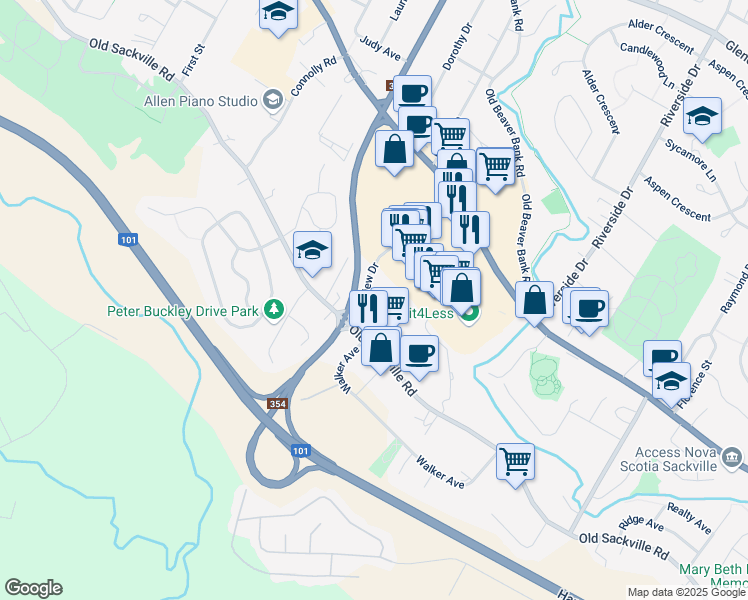map of restaurants, bars, coffee shops, grocery stores, and more near 25 Paige Plaza in Lower Sackville