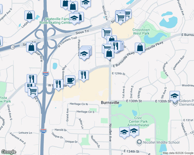 map of restaurants, bars, coffee shops, grocery stores, and more near 201 Burnsville Parkway in Burnsville