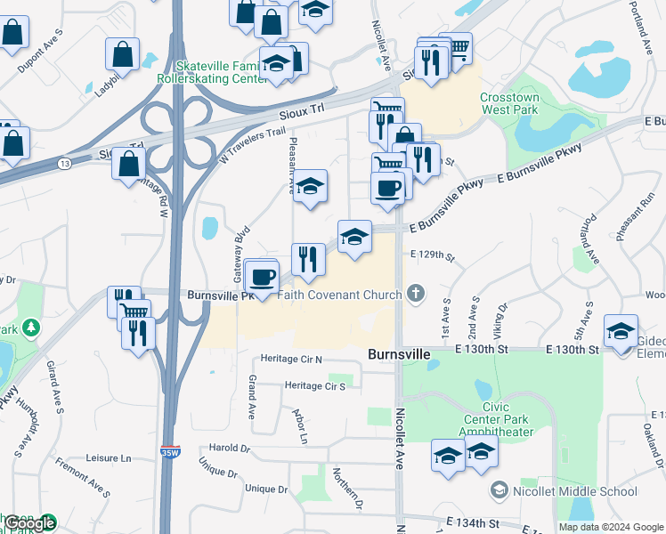 map of restaurants, bars, coffee shops, grocery stores, and more near 201 Burnsville Parkway in Burnsville