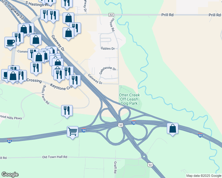 map of restaurants, bars, coffee shops, grocery stores, and more near 4510 Gateway Drive in Eau Claire