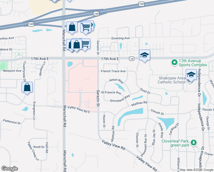 map of restaurants, bars, coffee shops, grocery stores, and more near 1848 Anton Way in Shakopee