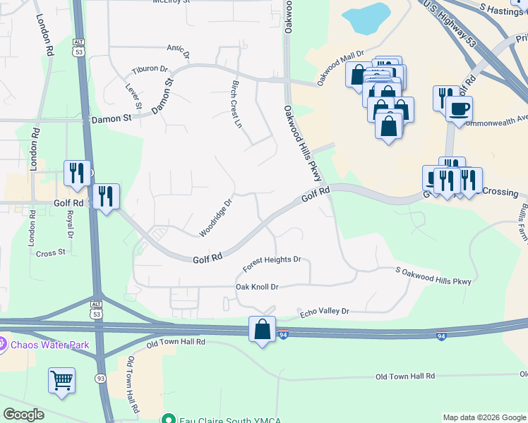 map of restaurants, bars, coffee shops, grocery stores, and more near 4529 Havenwood Lane in Eau Claire