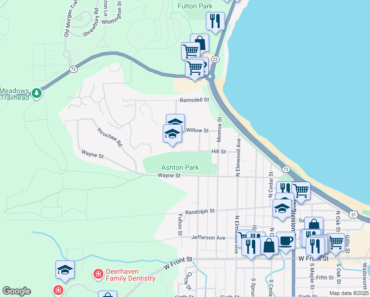 map of restaurants, bars, coffee shops, grocery stores, and more near 1220 Hill Street in Traverse City