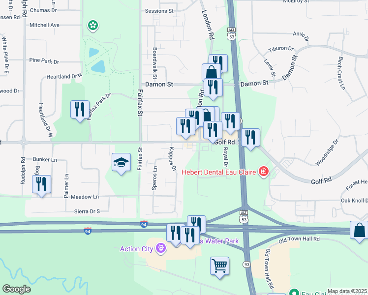 map of restaurants, bars, coffee shops, grocery stores, and more near 4521 Kappus Drive in Eau Claire