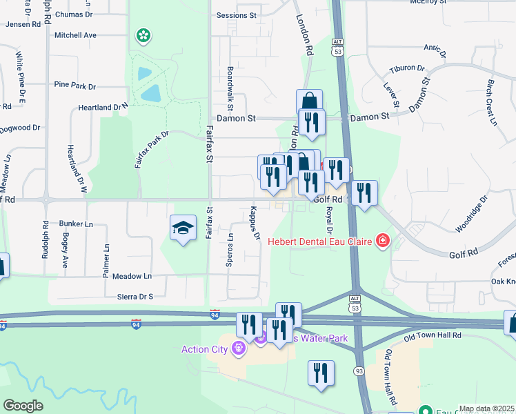 map of restaurants, bars, coffee shops, grocery stores, and more near 4513 Kappus Drive in Eau Claire