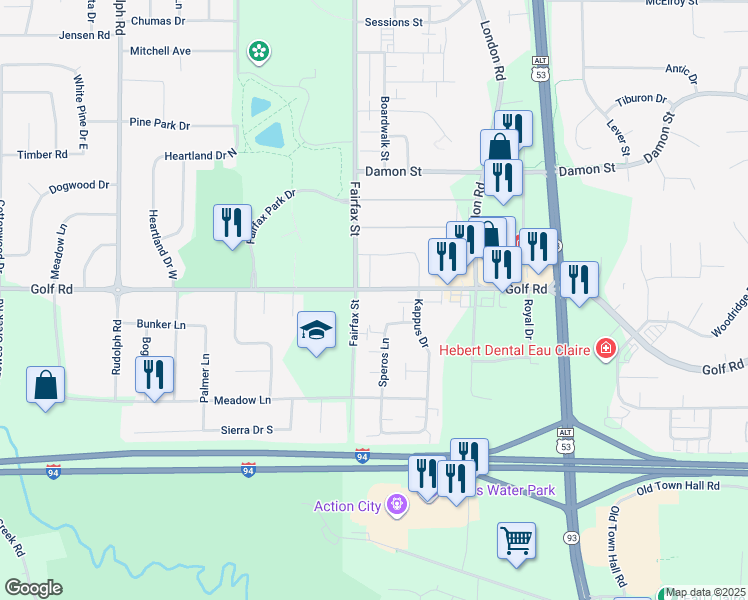 map of restaurants, bars, coffee shops, grocery stores, and more near 4526 Speros Lane in Eau Claire