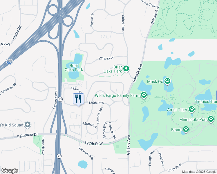 map of restaurants, bars, coffee shops, grocery stores, and more near 7122-7198 123rd Street West in Apple Valley