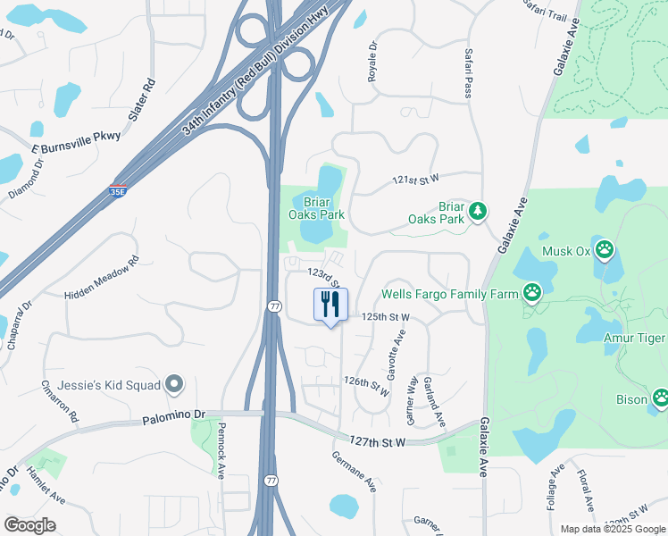 map of restaurants, bars, coffee shops, grocery stores, and more near 7405 123rd Street in Apple Valley