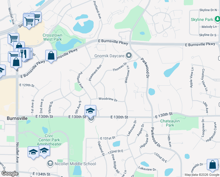 map of restaurants, bars, coffee shops, grocery stores, and more near 12808 Woodview Court in Burnsville
