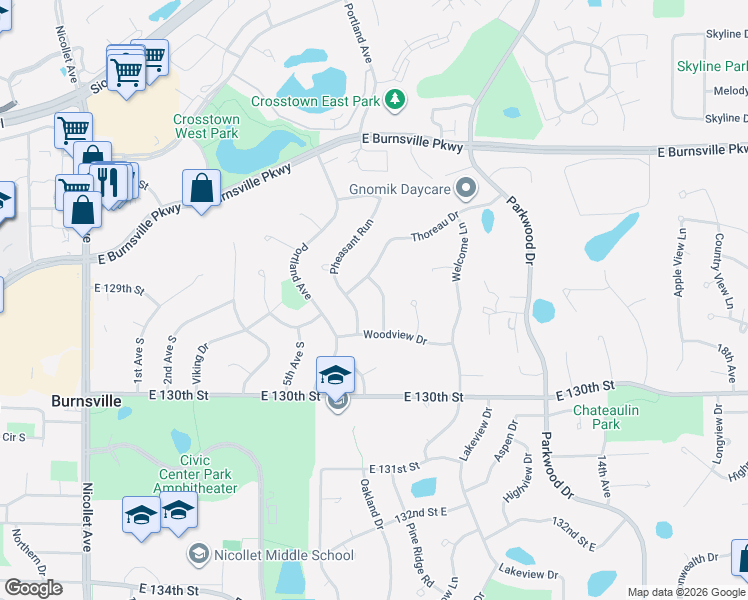 map of restaurants, bars, coffee shops, grocery stores, and more near 12812 Woodview Lane in Burnsville