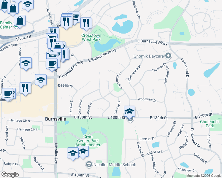 map of restaurants, bars, coffee shops, grocery stores, and more near 12820 Whitewood Drive in Burnsville