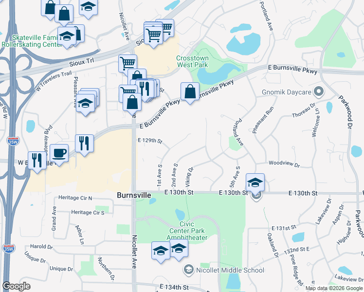 map of restaurants, bars, coffee shops, grocery stores, and more near 12916 2nd Avenue South in Burnsville