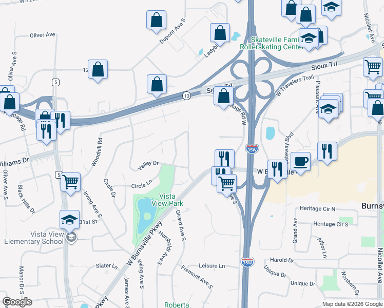 map of restaurants, bars, coffee shops, grocery stores, and more near 12800 Dupont Avenue South in Burnsville