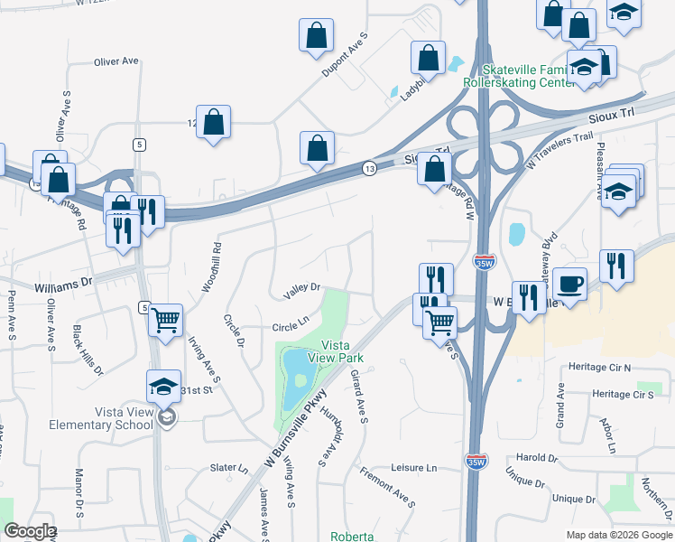 map of restaurants, bars, coffee shops, grocery stores, and more near 1506 Valley Drive in Burnsville