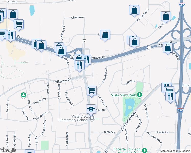 map of restaurants, bars, coffee shops, grocery stores, and more near 12751 Greenwood Drive in Burnsville