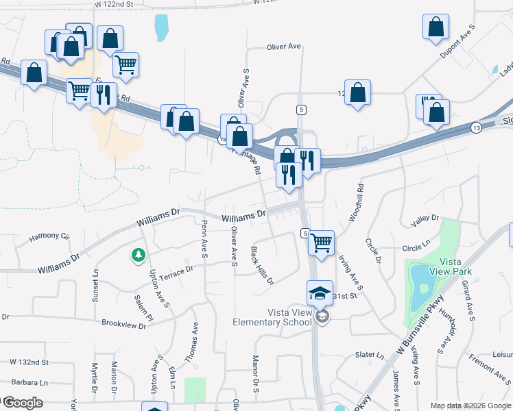map of restaurants, bars, coffee shops, grocery stores, and more near 12830 Morgan Avenue South in Burnsville