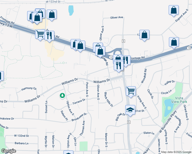 map of restaurants, bars, coffee shops, grocery stores, and more near 2232 Williams Drive in Burnsville