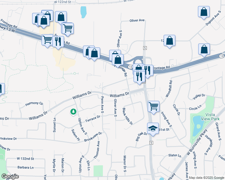 map of restaurants, bars, coffee shops, grocery stores, and more near 2232 Williams Drive in Burnsville