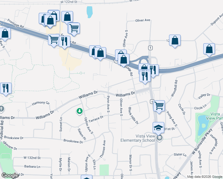 map of restaurants, bars, coffee shops, grocery stores, and more near 2324 Williams Drive in Burnsville