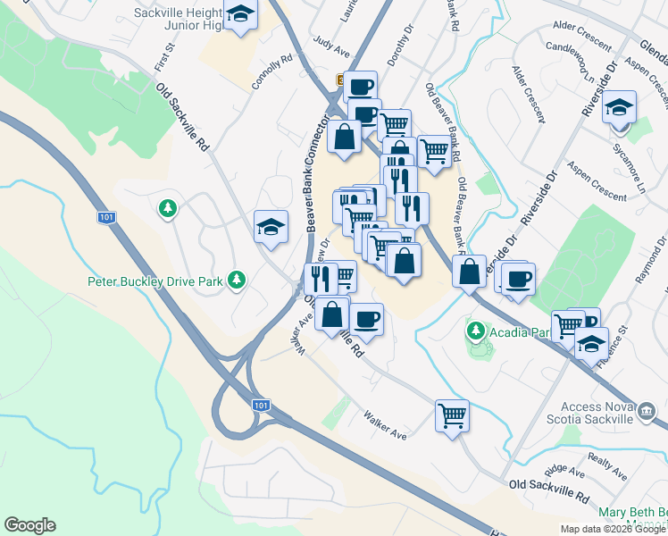 map of restaurants, bars, coffee shops, grocery stores, and more near Paige Plaza in Lower Sackville