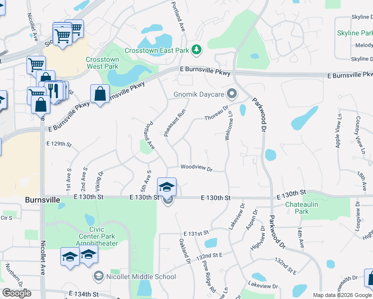 map of restaurants, bars, coffee shops, grocery stores, and more near 12812 Woodview Lane in Burnsville