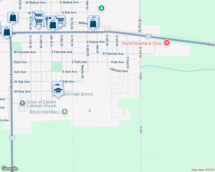map of restaurants, bars, coffee shops, grocery stores, and more near 311 East Oak Avenue in Olivia