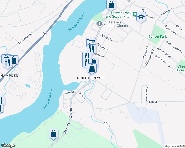 map of restaurants, bars, coffee shops, grocery stores, and more near 10 South Brewer Drive in Brewer