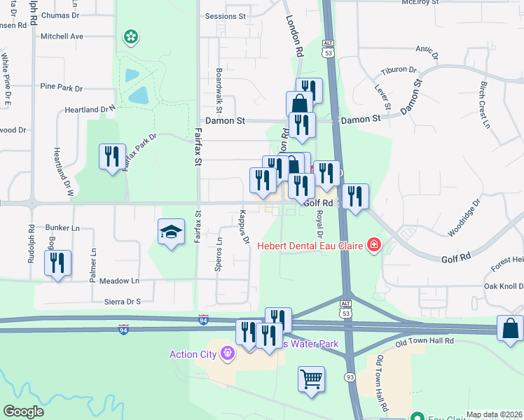map of restaurants, bars, coffee shops, grocery stores, and more near 4521 Kappus Drive in Eau Claire