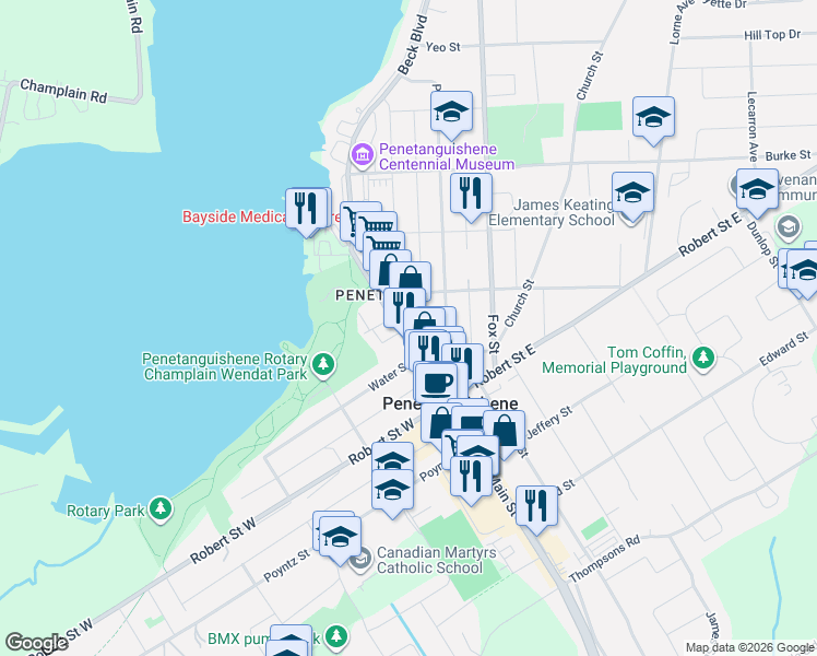 map of restaurants, bars, coffee shops, grocery stores, and more near 37 Main Street in Penetanguishene
