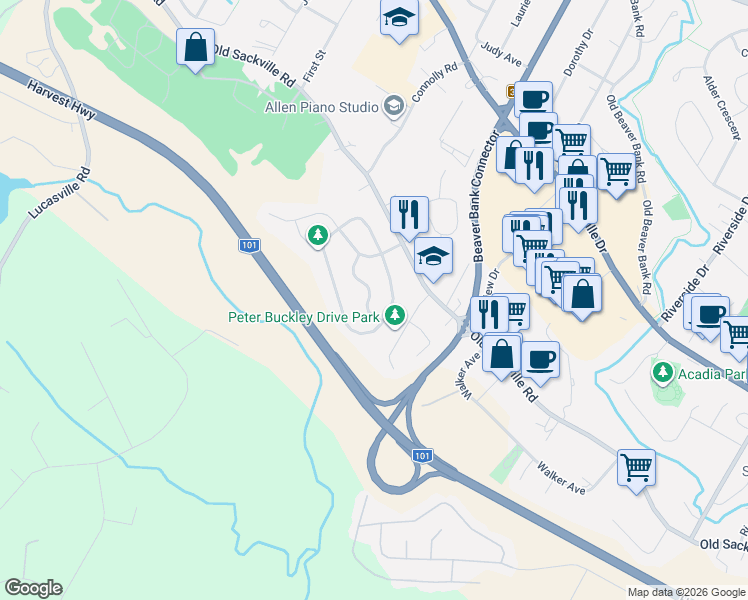 map of restaurants, bars, coffee shops, grocery stores, and more near 38 Ascot Way in Lower Sackville