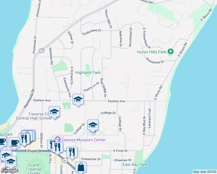 map of restaurants, bars, coffee shops, grocery stores, and more near 522 Quail Ridge Drive in Traverse City
