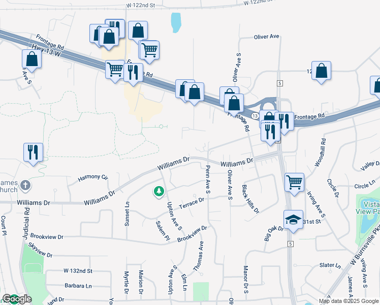 map of restaurants, bars, coffee shops, grocery stores, and more near 2504 Williams Drive in Burnsville