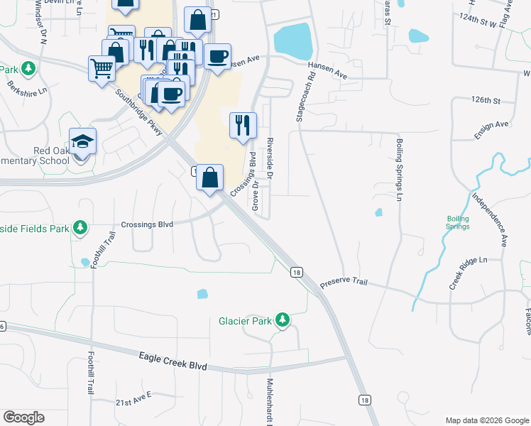 map of restaurants, bars, coffee shops, grocery stores, and more near 1780 Riverside Drive in Shakopee