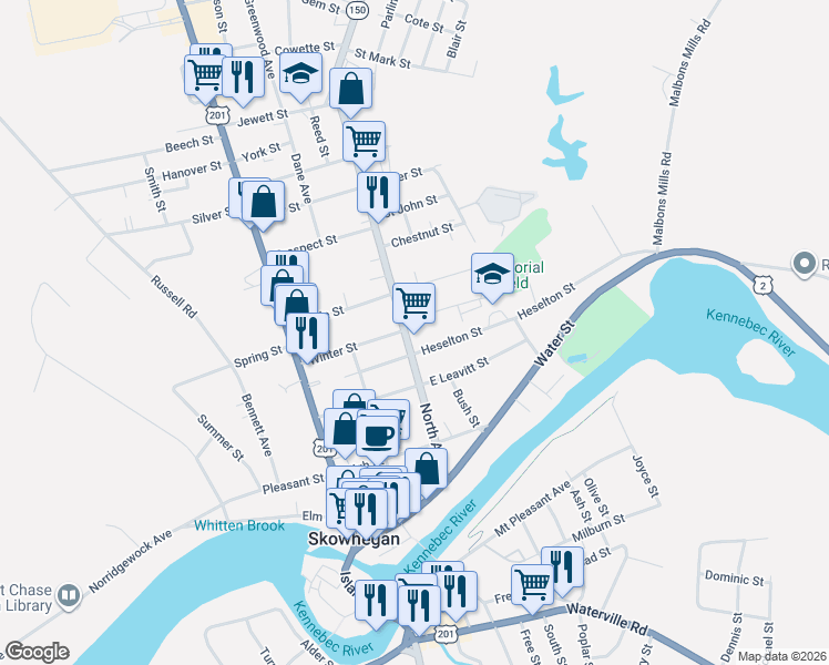 map of restaurants, bars, coffee shops, grocery stores, and more near 55 North Avenue in Skowhegan