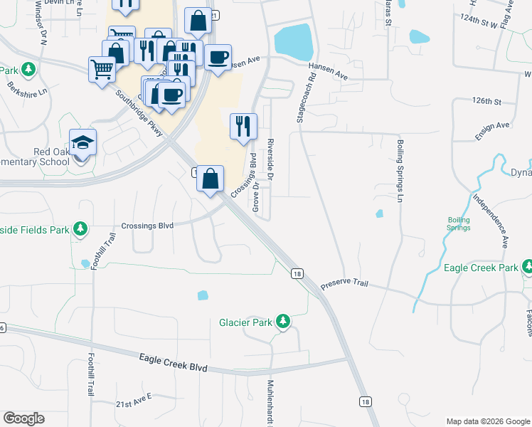 map of restaurants, bars, coffee shops, grocery stores, and more near 1780 Riverside Drive in Shakopee