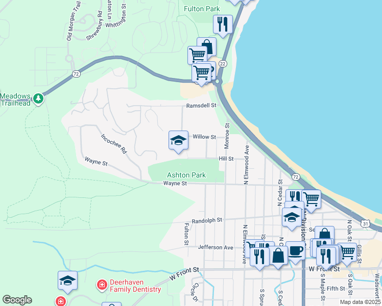 map of restaurants, bars, coffee shops, grocery stores, and more near 1220 Hill Street in Traverse City