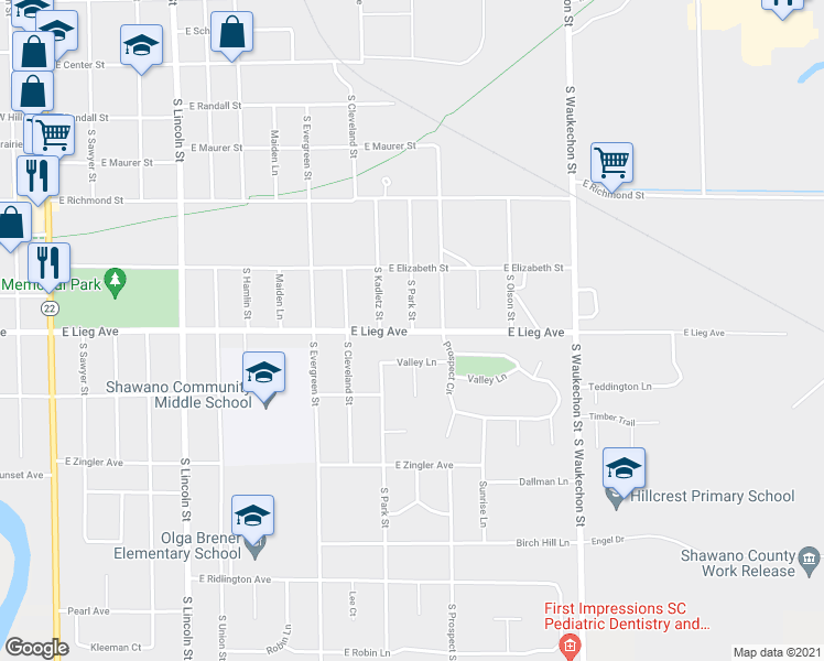 map of restaurants, bars, coffee shops, grocery stores, and more near 999 South Park Street in Shawano