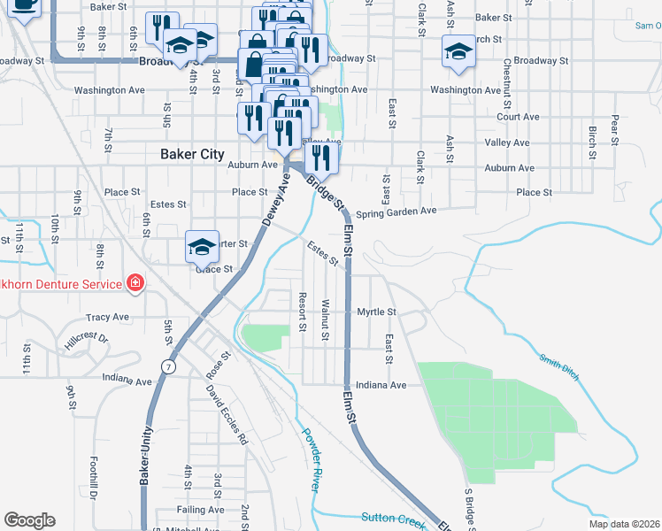 map of restaurants, bars, coffee shops, grocery stores, and more near 1615 Estes Street in Baker City