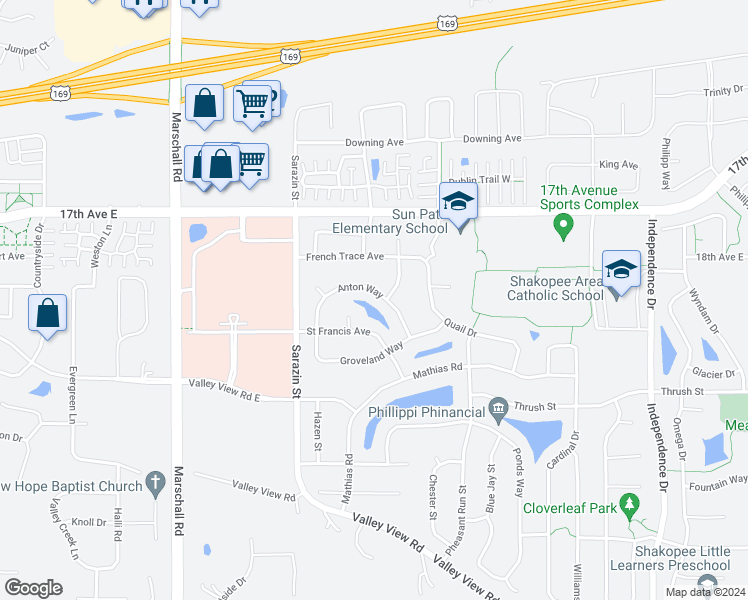map of restaurants, bars, coffee shops, grocery stores, and more near 2044 Anton Way in Shakopee