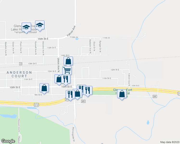map of restaurants, bars, coffee shops, grocery stores, and more near 1214 Baldwin Avenue North in Glencoe