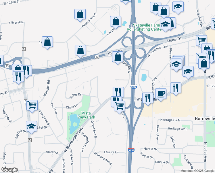 map of restaurants, bars, coffee shops, grocery stores, and more near 1024 Burnsville Parkway in Burnsville