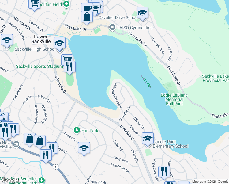 map of restaurants, bars, coffee shops, grocery stores, and more near 55 Johnson Crescent in Lower Sackville