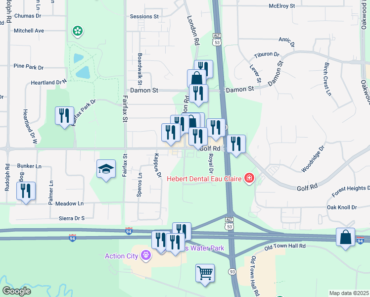 map of restaurants, bars, coffee shops, grocery stores, and more near Golf Rd & London Rd in Eau Claire