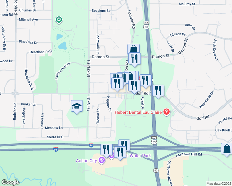 map of restaurants, bars, coffee shops, grocery stores, and more near 2526 Golf Road in Eau Claire