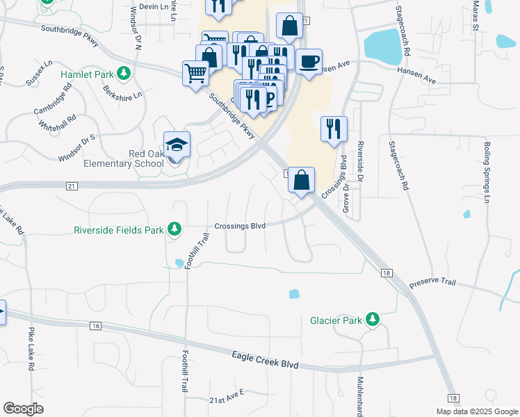 map of restaurants, bars, coffee shops, grocery stores, and more near 1780 Fescue Court in Shakopee